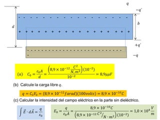 - - - - - - - - - - - - - - - - - 
+ + + + + + + + + + + + + + + + + 
- - - - - - - - - - - - - - - - - - - - - - - - - - - 
- 
(c) Calcular la intensidad del campo eléctrico en la parte sin dieléctrico. 
 