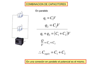 COMBINACION DE CAPACITORES 
En paralelo 
q CV 1 1 = 
q C V 2 2 = 
q q (C C )V 1 2 1 2 + = + 
Q = + 
1 2 C C 
V 
1 2 C C C equiv  = + 
En una conexión en paralelo el potencial es el mismo. 
 