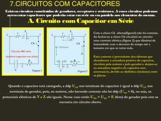 7.CIRCUITOS COM CAPACITORES
Existemcircuitos constituídos de geradores, receptores e resistores. A esses circuitos podemos
acrescentarcapacitores que poderão estaremsérie ou em paralelo aos elementos do mesmo.
A. Circuito comCapacitoremSérie
Quando o capacitor está carregado, a ddp UXZ nos terminais do capacitor é igual à ddp UXY nos
terminais do gerador, pois, no resistor, não havendo corrente não há ddp (UYZ = 0), ou seja, os
potenciais elétricos de Y e Z são iguais. Nesse caso então UXZ = UXY = E (fem) do gerador pois este se
encontra em circuito aberto.
Circuito RC-série
(resistor-capacitor em série).
Com a chave Ch aberta(figura1) não há corrente.
Ao fechar-se a chave Ch circulará no circuito
uma corrente elétrica (figura 2) que diminui de
intensidade com o decorrer do tempo até o
instante em que se torna nula.
Essa corrente é proveniente dos elétrons que
abandonam a armadura positiva do capacitor,
circulam pelo resistor e pelo gerador e alojam-se
na armadura negativa do capacitor sem
atravessá-lo, devido ao dielétrico (isolante) entre
as placas.
 