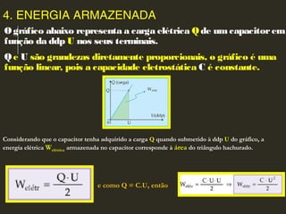 4. ENERGIA ARMAZENADA
O gráfico abaixo representa a carga elétrica Qde umcapacitorem
função da ddp U nos seus terminais.
Q e U são grandezas diretamente proporcionais, o gráfico é uma
função linear, pois a capacidade eletrostática C é constante.
Considerando que o capacitor tenha adquirido a carga Q quando submetido à ddp U do gráfico, a
energia elétrica Welétrica armazenada no capacitor corresponde à área do triângulo hachurado.
e como Q = C.U, então
 
