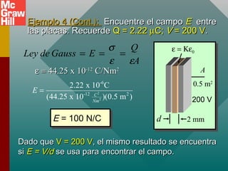 Ejemplo 4 (Cont.):
Ejemplo 4 (Cont.): Encuentre el campo
Encuentre el campo E
E entre
entre
las placas. Recuerde
las placas. Recuerde Q = 2.22
Q = 2.22 µ
µC;
C; V
V = 200 V
= 200 V.
.
ε =
ε = 44.25 x 10
44.25 x 10-12
-12
C/Nm
C/Nm2
2
2
2
-6
-12 2
2.22 x 10 C
(44.25 x 10 )(0.5 m )
C
Nm
E =
E = 100 N/C
E = 100 N/C
Dado que
Dado que V = 200 V
V = 200 V, el mismo resultado se encuentra
, el mismo resultado se encuentra
si
si E = V/d
E = V/d se usa para encontrar el campo.
se usa para encontrar el campo.
2 mm
d
A
0.5 m2
ε = Κε0
200 V
A
Q
E
Gauss
de
Ley
ε
ε
σ
=
=
=
 