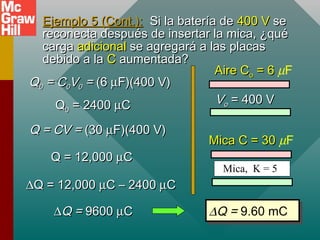 Ejemplo 5 (Cont.):
Ejemplo 5 (Cont.): Si la batería de
Si la batería de 400 V
400 V se
se
reconecta después de insertar la mica, ¿qué
reconecta después de insertar la mica, ¿qué
carga
carga adicional
adicional se agregará a las placas
se agregará a las placas
debido a la
debido a la C
C aumentada?
aumentada?
Q
Q0
0 = C
= C0
0V
V0
0 =
= (6
(6 µ
µF)(400 V)
F)(400 V)
∆Q = 9.60 mC
∆Q = 9.60 mC
V
Vo
o = 400 V
= 400 V
Mica, K = 5
Aire C
Aire Co
o = 6
= 6 µF
Mica C = 30
Mica C = 30 µF
Q
Q0
0 = 2400
= 2400 µ
µC
C
Q = CV =
Q = CV = (30
(30 µ
µF)(400 V)
F)(400 V)
Q = 12,000
Q = 12,000 µ
µC
C
∆
∆Q = 12,000
Q = 12,000 µ
µC – 2400
C – 2400 µ
µC
C
∆
∆Q =
Q = 9600
9600 µ
µC
C
 