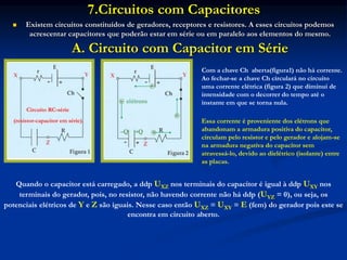 7.Circuitos com Capacitores
 Existem circuitos constituídos de geradores, receptores e resistores. A esses circuitos podemos
acrescentar capacitores que poderão estar em série ou em paralelo aos elementos do mesmo.
A. Circuito com Capacitor em Série
Quando o capacitor está carregado, a ddp UXZ nos terminais do capacitor é igual à ddp UXY nos
terminais do gerador, pois, no resistor, não havendo corrente não há ddp (UYZ = 0), ou seja, os
potenciais elétricos de Y e Z são iguais. Nesse caso então UXZ = UXY = E (fem) do gerador pois este se
encontra em circuito aberto.
Circuito RC-série
(resistor-capacitor em série).
Com a chave Ch aberta(figura1) não há corrente.
Ao fechar-se a chave Ch circulará no circuito
uma corrente elétrica (figura 2) que diminui de
intensidade com o decorrer do tempo até o
instante em que se torna nula.
Essa corrente é proveniente dos elétrons que
abandonam a armadura positiva do capacitor,
circulam pelo resistor e pelo gerador e alojam-se
na armadura negativa do capacitor sem
atravessá-lo, devido ao dielétrico (isolante) entre
as placas.
 