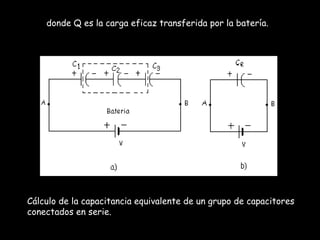 donde Q es la carga eficaz transferida por la batería.   Cálculo de la capacitancia equivalente de un grupo de capacitores...
