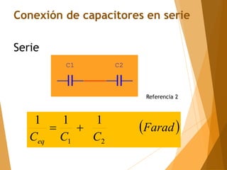 C1 C2
Conexión de capacitores en serie
Serie
Referencia 2
 
Farad
C
C
Ceq 2
1
1
1
1


 