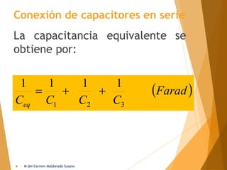 La capacitancia equivalente se
obtiene por:
Conexión de capacitores en serie
 
Farad
C
C
C
Ceq 3
2
1
1
1
1
1



 M del Carmen Maldonado Susano
 