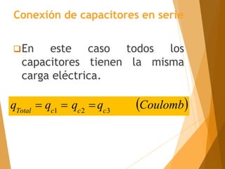 En este caso todos los
capacitores tienen la misma
carga eléctrica.
Conexión de capacitores en serie
 
Coulomb
q
q
q
q c
c
c
Total 3
2
1



 