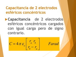 Capacitancia de 2 electrodos
esféricos concéntricos
Capacitancia de 2 electrodos
esféricos concéntricos cargados
con igual carga pero de signo
contrario.
Farad
r
r
r
r
C
a
b
b
a
o 






 

4
 