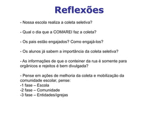 Reflexões
- Nossa escola realiza a coleta seletiva?
- Qual o dia que a COMAREI faz a coleta?
- Os pais estão engajados? Como engajá-los?
- Os alunos já sabem a importância da coleta seletiva?
- As informações de que o conteiner da rua é somente para
orgânicos e rejeitos é bem divulgada?
- Pense em ações de melhoria da coleta e mobilização da
comunidade escolar, pense:
-1 fase – Escola
-2 fase – Comunidade
-3 fase – Entidades/igrejas
 