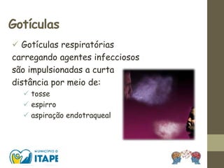 Gotículas
 Gotículas respiratórias
carregando agentes infecciosos
são impulsionadas a curta
distância por meio de:
 tosse
 espirro
 aspiração endotraqueal
 