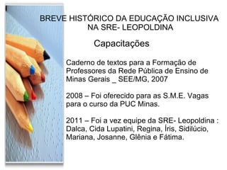 BREVE HISTÓRICO DA EDUCAÇÃO INCLUSIVA NA SRE- LEOPOLDINA Capacitações  Caderno de textos para a Formação de Professores da Rede Pública de Ensino de Minas Gerais _ SEE/MG, 2007 2008 – Foi oferecido para as S.M.E. Vagas para o curso da PUC Minas. 2011 – Foi a vez equipe da SRE- Leopoldina :  Dalca, Cida Lupatini, Regina, Íris, Sidilúcio, Mariana, Josanne, Glênia e Fátima. 