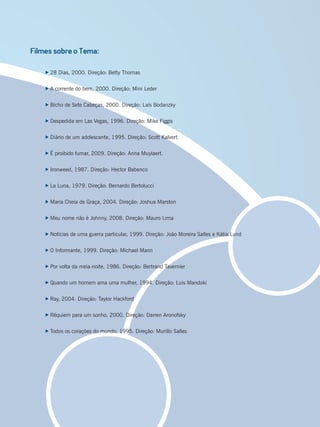 Filmes sobre o Tema:
28 Dias, 2000. Direção: Betty Thomas
A corrente do bem, 2000. Direção: Mini Leder
Bicho de Sete Cabeças, 2000. Direção: Laís Bodanzky
Despedida em Las Vegas, 1996. Direção: Mike Figgis
Diário de um adolescente, 1995. Direção: Scott Kalvert
É proibido fumar, 2009. Direção: Anna Muylaert.
Ironweed, 1987. Direção: Hector Babenco
La Luna, 1979. Direção: Bernardo Bertolucci
Maria Cheia de Graça, 2004. Direção: Joshua Marston
Meu nome não é Johnny, 2008. Direção: Mauro Lima
Notícias de uma guerra particular, 1999. Direção: João Moreira Salles e Kátia Lund
O Informante, 1999. Direção: Michael Mann
Por volta da meia-noite, 1986. Direção: Bertrand Tavernier
Quando um homem ama uma mulher, 1994. Direção: Luis Mandoki
Ray, 2004. Direção: Taylor Hackford
Réquiem para um sonho, 2000. Direção: Darren Aronofsky
Todos os corações do mundo, 1995. Direção: Murillo Salles
Miolo_Livro Capacitação Saúde.indd 247Miolo_Livro Capacitação Saúde.indd 247 28/03/2012 12:25:4028/03/2012 12:25:40
 