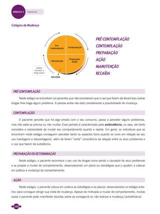 126
Estágios de Mudança
PRÉ-CONTEMPLAÇÃO
CONTEMPLAÇÃO
PREPARAÇÃO
AÇÃO
MANUTENÇÃO
RECAÍDA
PRÉ-CONTEMPLAÇÃO
Neste estágio se encontram os pacientes que não consideram que o uso que fazem de álcool e/ou outras
drogas lhes traga algum problema. A pessoa ainda não está considerando a possibilidade de mudança.
CONTEMPLAÇÃO
O paciente percebe que há algo errado com o seu consumo, passa a perceber alguns problemas,
mas não sabe se precisa ou não mudar. Esse período é caracterizado pela ambivalência, ou seja, ele tanto
considera a necessidade de mudar seu comportamento quanto a rejeita. Em geral, os indivíduos que se
encontram neste estágio conseguem perceber tanto os aspectos bons quanto os ruins em relação ao seu
uso (vantagens e desvantagens), além de terem “certa” consciência da relação entre os seus problemas e
o uso que fazem da substância.
PREPARAÇÃO OU DETERMINAÇÃO
Neste estágio, o paciente reconhece o seu uso de drogas como sendo o causador de seus problemas
e se propõe a mudar de comportamento, desenvolvendo um plano ou estratégias que o ajudem a colocar
em prática a mudança de comportamento.
AÇÃO
Neste estágio, o paciente coloca em prática as estratégias e os planos, desenvolvidos no estágio ante-
rior, para conseguir atingir sua meta de mudança. Apesar de motivado a mudar de comportamento, muitas
vezes o paciente pode manifestar dúvidas sobre se conseguirá ou não realizar a mudança (autoeﬁcácia).
MÓDULO 3 Tratamento
Miolo_Livro Capacitação Saúde.indd 126Miolo_Livro Capacitação Saúde.indd 126 28/03/2012 12:25:1728/03/2012 12:25:17
 