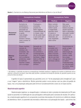145
A gestão do lapso é apresentada aos pacientes como um “kit de preparação para emergências” para
a sua “viagem” para a abstinência. Muitos pacientes podem nunca precisar usar seu plano de gestão de
lapso, mas uma preparação adequada pode diminuir consideravelmente o dano se um lapso ocorrer.
Reestruturação cognitiva
Reestruturação cognitiva, ou ressigniﬁcação, é utilizada em todo o processo de tratamento de PR para
ajudar os pacientes na modiﬁcação de suas percepções e atribuições para o processo de recaída. Em particu-
lar, a reestruturação cognitiva é um componente crucial das intervenções a ﬁm de diminuir o efeito da violação
da abstinência. Assim, os pacientes são ensinados a reformular a sua percepção dos lapsos – para vê-los não
Consequências Imediatas Consequências Tardias
Positivas Negativas Positivas Negativas
Permanecer
abstinente
Aumento da
autoeficácia e
da autoestima,
aprovação da
família, melhorar
a saúde,
mais energia,
economizar
dinheiro e tempo,
maior sucesso no
trabalho
Frustração e
ansiedade,
prazeres de
beber negados,
impossibilidade de
ir a bares, raiva
de não poder fazer
o que quiser sem
“pagar o preço”
Maior controle
sobre sua vida,
melhor saúde
e longevidade,
aprender sobre
si mesmo e
outros sem estar
intoxicado, ser
mais respeitado
pelos outros
Não poder
desfrutar da
bebida enquanto
assiste esportes,
tédio e depressão,
não poder manter
amizade com
os parceiros de
bebedeira
Retomar
o uso
do álcool
Prazer imediato,
redução do
estresse e da
ansiedade, não
sentir dor, não
se preocupar
com os próprios
problemas, capaz
de desfrutar
esportes e beber
com os amigos
Sensação de
fraqueza por
beber, riscos
de acidentes e
constrangimento,
raiva do cônjuge e
familiares, chegar
tarde ou faltar ao
trabalho, ressacas,
desperdiçar
dinheiro
Manter as
amizades com
os parceiros de
bebidas, poder
beber enquanto
assiste esportes,
não ter que lidar
com o cônjuge ou
familiares sóbrios
Possibilidade de
perder amigos
e trabalho,
deterioração da
saúde e morte
precoce, perda
dos amigos
que não bebem
ou bebem
moderadamente,
ser ridicularizado
por outros, baixa
autoestima
Quadro 1. Exemplo de uma Balança Decisional para Abstinência de Álcool ou Uso de Álcool*
* Na balança, o paciente enumera as consequências imediatas positivas e negativas de manter-se abstinente versus
retomar o consumo de álcool. Essa lista pode facilitar o processo de tomada de decisão do paciente quanto ao seu
consumo futuro de álcool.
Prevenção da recaída CAPÍTULO 16
Miolo_Livro Capacitação Saúde.indd 145Miolo_Livro Capacitação Saúde.indd 145 28/03/2012 12:25:1928/03/2012 12:25:19
 