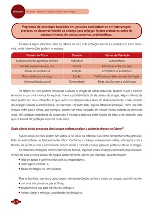174
A tabela a seguir descreve como os fatores de risco e de proteção afetam as pessoas em cinco domí-
nios, onde intervenções podem ter espaço.
Fatores de Risco Domínio Fatores de Proteção
Comportamento agressivo precoce Individual Autocontrole
Falta de supervisão dos pais Família Monitoramento dos pais
Abuso de substância Colegas Competência acadêmica
Disponibilidade da droga Escola Políticas contrárias ao uso de drogas
Vulnerabilidade social Comunidade Forte vínculo com a vizinhança
Os fatores de risco podem inﬂuenciar o abuso de drogas de várias maneiras. Quanto maior o número
de riscos a que uma criança for exposta, maior a probabilidade de ela abusar de drogas. Alguns fatores de
risco podem ser mais inﬂuentes do que outros em determinadas fases do desenvolvimento, como pressão
dos colegas durante a adolescência, por exemplo. Por outro lado, alguns fatores de proteção, como um forte
vínculo entre pais e ﬁlhos, por exemplo, podem ter maior impacto em reduzir riscos durante os primeiros
anos. Um objetivo importante da prevenção é inclinar a balança entre fatores de risco e de proteção para
que os fatores de proteção superem os de risco.
Quais são os sinais precoces de risco que podem predizer o abuso de drogas no futuro?
Alguns sinais de risco podem ser vistos já no início da infância, tais como comportamento agressivo,
falta de autocontrole ou temperamento difícil. Conforme a criança torna-se mais velha, interações com a
família, na escola e com a comunidade podem afetar o risco da criança para um posterior abuso de drogas.
As primeiras interações infantis ocorrem na família, algumas vezes situações familiares potencializam
o risco de uma criança abusar de drogas posteriormente, como, por exemplo, quando houver:
falta de apego e carinho pelos pais ou responsáveis;
paternagem ineﬁcaz, e
abuso de drogas de um cuidador.
Mas as famílias, por outro lado, podem oferecer proteção contra o abuso de drogas, quando houver:
um forte vínculo entre pais e ﬁlhos;
envolvimento dos pais na vida da criança e
limites claros e reforços consistentes de disciplina.
Programas de prevenção baseados em pesquisa concentram-se em intervenções
precoces no desenvolvimento da criança para reforçar fatores protetores antes do
desenvolvimento de comportamentos problemáticos.
MÓDULO 4 Prevenção, legislação e políticas públicas sobre drogas
Miolo_Livro Capacitação Saúde.indd 174Miolo_Livro Capacitação Saúde.indd 174 28/03/2012 12:25:2428/03/2012 12:25:24
 