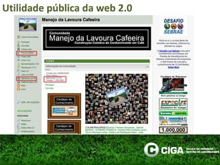 A web 2.0TecnologiaPessoasWeb 2.0 é a mudança para uma internet como plataforma, e um entendimento das regras para obter sucesso nesta nova plataforma. Entre outras, a regra mais importante é desenvolver aplicativos que aproveitem os efeitos de rede para se tornarem melhores quanto mais são usados pelas pessoas, aproveitando a inteligência coletiva. (TimO’Reilly )Web 2.0 é uma designação ampla que cobre todas as aplicações que propiciam e potencializam a formação de redes sociais digitais.Redes sociais digitais são coletivos de agentes que, interagindo direta ou indiretamente entre si por meios digitais, constituem padrões recorrentes de relacionamento e comportamento (Abel Reis – com forte influência de Steven Johnson )