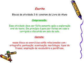 Escrita
  Blocos de atividade 2-6: constam do Livro do Aluno

                    Compreensão:

Essa atividade deve ser feita somente após a exploração
 oral do texto. Em princípio é para ser feitas em casa e
          corrigida e discutida em sala de aula.

                       Correto:

  nesse bloco os exercícios estão relacionados com :
ortografia; pontuação; acentuação; morfologia; tipos de
     frases; ampliação de vocabulário e paráfrase.
 