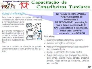 No mundo GLOBALIZADO a
TAREFA de gestão de
informações é
IMPRESCINDÍVEL, capacitação
para a área = necessidade de
CNH, a resistência à informática,
nesta caso, pode ser
considerada como DESÍDIA

101

 