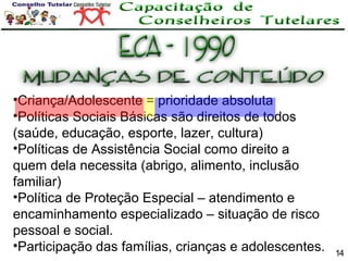 •Criança/Adolescente = prioridade absoluta
•Políticas Sociais Básicas são direitos de todos
(saúde, educação, esporte, lazer, cultura)
•Políticas de Assistência Social como direito a
quem dela necessita (abrigo, alimento, inclusão
familiar)
•Política de Proteção Especial – atendimento e
encaminhamento especializado – situação de risco
pessoal e social.
•Participação das famílias, crianças e adolescentes.

14

 