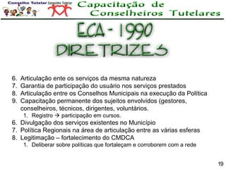 6.
7.
8.
9.

Articulação ente os serviços da mesma natureza
Garantia de participação do usuário nos serviços prestados
Articulação entre os Conselhos Municipais na execução da Política
Capacitação permanente dos sujeitos envolvidos (gestores,
conselheiros, técnicos, dirigentes, voluntários.
1. Registro  participação em cursos.

6. Divulgação dos serviços existentes no Município
7. Política Regionais na área de articulação entre as várias esferas
8. Legitimação – fortalecimento do CMDCA
1. Deliberar sobre políticas que fortaleçam e corroborem com a rede
19

 