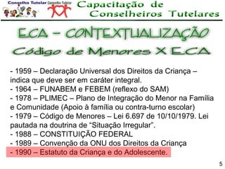 - 1959 – Declaração Universal dos Direitos da Criança –
indica que deve ser em caráter integral.
- 1964 – FUNABEM e FEBEM (reflexo do SAM)
- 1978 – PLIMEC – Plano de Integração do Menor na Família
e Comunidade (Apoio à família ou contra-turno escolar)
- 1979 – Código de Menores – Lei 6.697 de 10/10/1979. Lei
pautada na doutrina de “Situação Irregular”.
- 1988 – CONSTITUIÇÃO FEDERAL
- 1989 – Convenção da ONU dos Direitos da Criança
- 1990 – Estatuto da Criança e do Adolescente.
5

 