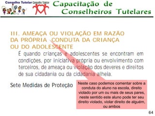 Neste caso podemos comentar sobre a
conduta do aluno na escola, direito
violado por um ou mais de seus pares,
neste sentido este aluno pode ter seu
direito violado, violar direito de alguém,
ou ambos
64

 