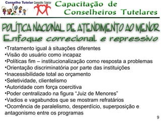 •Tratamento igual à situações diferentes
•Visão do usuário como incapaz
•Políticas fim – institucionalização como resposta a problemas
•Orientação discriminatória por parte das instituições
•Inacessibilidade total ao orçamento
•Seletividade, clientelismo
•Autoridade com força coercitiva
•Poder centralizado na figura “Juiz de Menores”
•Vadios e vagabundos que se mostram refratários
•Ocorrência de paralelismo, desperdício, superposição e
antagonismo entre os programas

9

 
