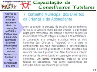 Através do
SIPIA o CT
deve ser
importante
aliado na
construção
de Política
Pública para
a área DCA,
apontando
as áreas
descobertas
de ações
públicas,
bem como o
território a
ser
considerado
seu alvo
94

 