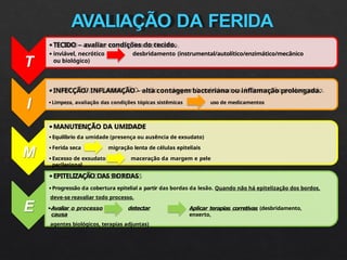 AVALIAÇÃO DA FERIDA
T
•TECIDO – avaliar condições do tecido.
• inviável, necrótico desbridamento (instrumental/autolítico/enzimático/mecânico
ou biológico)
I
•INFECÇÃO/ INFLAMAÇÃO – alta contagem bacteriana ou inflamação prolongada.
• Limpeza, avaliação das condições tópicas sistêmicas uso de medicamentos
M
•MANUTENÇÃO DA UMIDADE
• Equilíbrio da umidade (presença ou ausência de exsudato)
• Ferida seca migração lenta de células epiteliais
• Excesso de exsudato maceração da margem e pele
perilesional
E
•EPITELIZAÇÃO DAS BORDAS
• Progressão da cobertura epitelial a partir das bordas da lesão. Quando não há epitelização dos bordos,
Aplicar terapias corretivas (desbridamento,
enxerto,
deve-se reavaliar todo processo.
•Avaliar o processo detectar
causa
agentes biológicos, terapias adjuntas)
 
