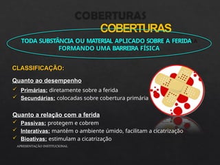 COBERTURAS
APRESENTAÇÃO INSTITUCIONAL
TODA SUBSTÂNCIA OU MATERIAL APLICADO SOBRE A FERIDA
FORMANDO UMA BARREIRA FÍSICA
CLASSIFICAÇÃO:
Quanto ao desempenho
 Primárias: diretamente sobre a ferida
 Secundárias: colocadas sobre cobertura primária
Quanto a relação com a ferida
 Passivas: protegem e cobrem
 Interativas: mantém o ambiente úmido, facilitam a cicatrização
 Bioativas: estimulam a cicatrização
 