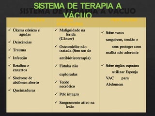 SISTEMA DE TERAPIA A
VÁCUO
INDICAÇÕES CONTRA
INDICAÇÕES
PRECAUÇÕES
 Úlceras crônicas e
agudas
 Deiscências
 Trauma
 Infecção
 Retalhos e
enxertos
 Síndrome de
abdômen aberto
 Queimaduras
 Malignidade na
ferida
(Câncer)
 Osteomielite não
tratada (Sem uso de
antibióticoterapia)
 Fístulas não
exploradas
 Tecido
necrótico
 Pele íntegra
 Sangramento ativo na
lesão
 Sobre vasos
sanguíneos, tendão e
osso: proteger com
malha não aderente
 Sobre órgãos expostos:
utilizar Esponja
VAC para
Abdomem
 