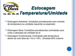 Estocagem
               Temperatura/Umidade
   Estocagem Ambiente: Condições prevalecentes sem controle
    de temperatura ou umidade requerido ou esperado;

   Estocagem Seca: Condições prevalecentes controladas para
    evitar a absorção da umidade do ar.
   Estocagem Condicionada: Controlada pela temperatura
    dentro de uma faixa de +10 a +15ºc . Umidade 65% máximo
 