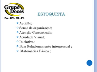 ESTOQUISTA

 Aptidão;
 Senso de organização;

 Atenção Concentrada;

 Acuidade Visual;

 Iniciativa;

 Bom Relacionamento interpessoal ;

 Matemática Básica ;
 