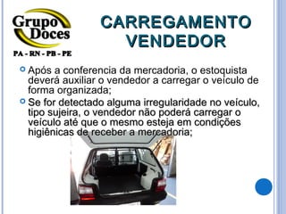 CARREGAMENTO
                   VENDEDOR
 Após  a conferencia da mercadoria, o estoquista
  deverá auxiliar o vendedor a carregar o veículo de
  forma organizada;
 Se for detectado alguma irregularidade no veículo,
  tipo sujeira, o vendedor não poderá carregar o
  veículo até que o mesmo esteja em condições
  higiênicas de receber a mercadoria;
 