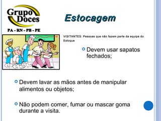 Estocagem
                 VISITANTES: Pessoas que não fazem parte da equipe do
                 Estoque


                             Devem    usar sapatos
                                fechados;



 Devem lavar as mãos antes de manipular
 alimentos ou objetos;

 Nãopodem comer, fumar ou mascar goma
 durante a visita.
 