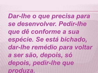 Dar-lhe o que precisa para
se desenvolver. Pedir-lhe
que dê conforme a sua
espécie. Se está bichado,
dar-lhe remédio para voltar
a ser são, depois, só
depois, pedir-lhe que
produza.
 