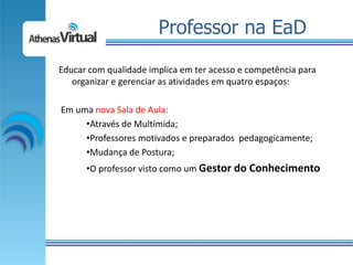 Professor na EaD
Educar com qualidade implica em ter acesso e competência para
   organizar e gerenciar as atividades em quatro espaços:

Em uma nova Sala de Aula:
     •Através de Multímida;
     •Professores motivados e preparados pedagogicamente;
     •Mudança de Postura;
      •O professor visto como um Gestor do Conhecimento
 