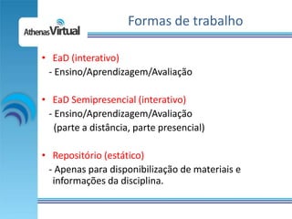 Formas de trabalho

• EaD (interativo)
 - Ensino/Aprendizagem/Avaliação

• EaD Semipresencial (interativo)
 - Ensino/Aprendizagem/Avaliação
   (parte a distância, parte presencial)

• Repositório (estático)
 - Apenas para disponibilização de materiais e
  informações da disciplina.
 