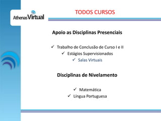 TODOS CURSOS


Apoio as Disciplinas Presenciais

 Trabalho de Conclusão de Curso I e II
      Estágios Supervisionados
           Salas Virtuais


   Disciplinas de Nivelamento

           Matemática
         Língua Portuguesa
 