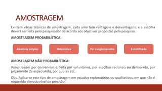 AMOSTRAGEM
Existem várias técnicas de amostragem, cada uma tem vantagens e desvantagens, e a escolha
deverá ser feita pelo pesquisador de acordo aos objetivos propostos pela pesquisa.
AMOSTRAGEM PROBABILÍSTICA:
AMOSTRAGEM NÃO PROBABILÍSTICA:
Amostragem por conveniência: feita por voluntários, por escolhas racionais ou deliberada, por
julgamento de especialista, por quotas etc.
Obs. Aplica-se este tipo de amostragem em estudos exploratórios ou qualitativos, em que não é
requerido elevado nível de precisão.
Aleatória simples Sistemática Por conglomerados Estratificada
 