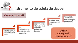 Instrumento de coleta de dados
Não há nenhum
já validado que
sirva?
Ter
conhecimento
suficiente sobre
o assunto
Inserir variáveis
relevantes para
responder
questão de
pesquisa
Prever o tipo
de análise que
fará
Teste piloto;
Semivalidação
por experts
Quero criar um!!
Onde?
Com quem?
De que forma?
 