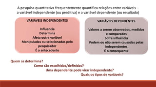 A pesquisa quantitativa frequentemente quantifica relações entre variáveis –
a variável Independente (ou preditiva) e a variável dependente (ou resultado)
VARIÁVEIS INDEPENDENTES
Influencia
Determina
Afeta outra variável
Manipuladas ou selecionadas pelo
pesquisador
É o antecedente
VARIÁVEIS DEPENDENTES
Valores a serem observados, medidos
e comparados
Sofre influência
Podem ou não serem causadas pelas
independentes
É o consequente
Quem as determina?
Como são escolhidas/definidas?
Uma dependente pode virar independente?
Quais os tipos de variáveis?
 