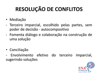 RESOLUÇÃO DE CONFLITOS
• Mediação
- Terceiro imparcial, escolhido pelas partes, sem
poder de decisão - autocompositivo
- Fomenta diálogo e colaboração na construção de
uma solução
• Conciliação
- Envolvimento efetivo do terceiro imparcial,
sugerindo soluções
 