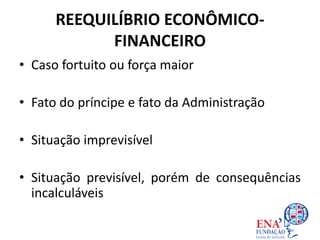 REEQUILÍBRIO ECONÔMICO-
FINANCEIRO
• Caso fortuito ou força maior
• Fato do príncipe e fato da Administração
• Situação imprevisível
• Situação previsível, porém de consequências
incalculáveis
 