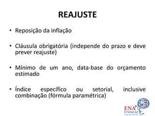 REAJUSTE
• Reposição da inflação
• Cláusula obrigatória (independe do prazo e deve
prever reajuste)
• Mínimo de um ano, data-base do orçamento
estimado
• Índice específico ou setorial, inclusive
combinação (fórmula paramétrica)
 