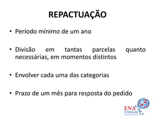REPACTUAÇÃO
• Período mínimo de um ano
• Divisão em tantas parcelas quanto
necessárias, em momentos distintos
• Envolver cada uma das categorias
• Prazo de um mês para resposta do pedido
 