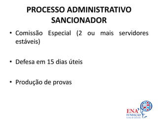 PROCESSO ADMINISTRATIVO
SANCIONADOR
• Comissão Especial (2 ou mais servidores
estáveis)
• Defesa em 15 dias úteis
• Produção de provas
 
