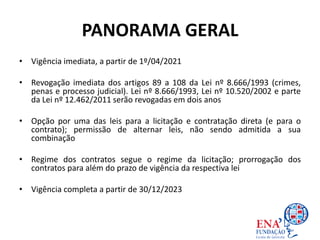 PANORAMA GERAL
• Vigência imediata, a partir de 1º/04/2021
• Revogação imediata dos artigos 89 a 108 da Lei nº 8.666/1993 (crimes,
penas e processo judicial). Lei nº 8.666/1993, Lei nº 10.520/2002 e parte
da Lei nº 12.462/2011 serão revogadas em dois anos
• Opção por uma das leis para a licitação e contratação direta (e para o
contrato); permissão de alternar leis, não sendo admitida a sua
combinação
• Regime dos contratos segue o regime da licitação; prorrogação dos
contratos para além do prazo de vigência da respectiva lei
• Vigência completa a partir de 30/12/2023
 