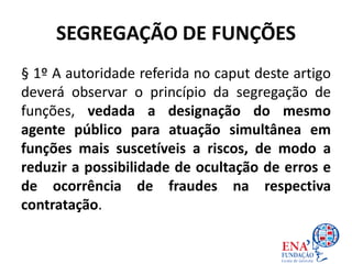 SEGREGAÇÃO DE FUNÇÕES
§ 1º A autoridade referida no caput deste artigo
deverá observar o princípio da segregação de
funções, vedada a designação do mesmo
agente público para atuação simultânea em
funções mais suscetíveis a riscos, de modo a
reduzir a possibilidade de ocultação de erros e
de ocorrência de fraudes na respectiva
contratação.
 