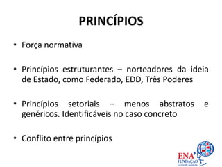 PRINCÍPIOS
• Força normativa
• Princípios estruturantes – norteadores da ideia
de Estado, como Federado, EDD, Três Poderes
• Princípios setoriais – menos abstratos e
genéricos. Identificáveis no caso concreto
• Conflito entre princípios
 